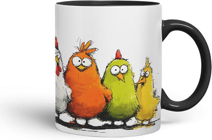 Vixar Funny Colourful Chickens Design – Coloured Ceramic Mug Cup Gift, 11oz (Black)