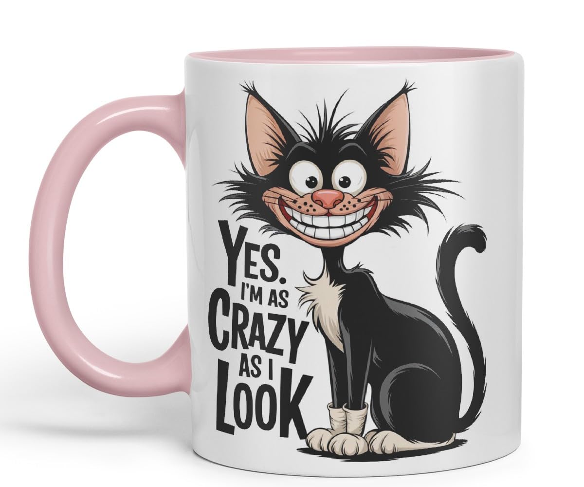 Vixar Yes I’m as Crazy as I Look (Cat) – Coloured Ceramic Mug Cup Gift, 11oz (Black)