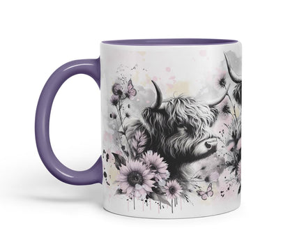 Vixar Highland Cows Flowers Mug – Coloured Ceramic Mug Cup Gift, 11oz (Black)