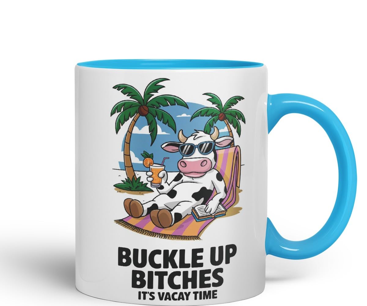 Vixar Buckle Up Bit... It’s Vacay Time Cow Coloured Ceramic Mug Cup Gift, 11oz (Black)
