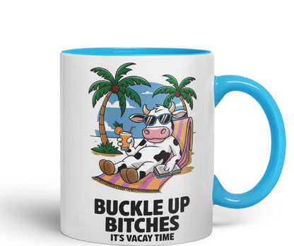 Vixar Buckle Up Bit... It’s Vacay Time Cow Coloured Ceramic Mug Cup Gift, 11oz (Black)