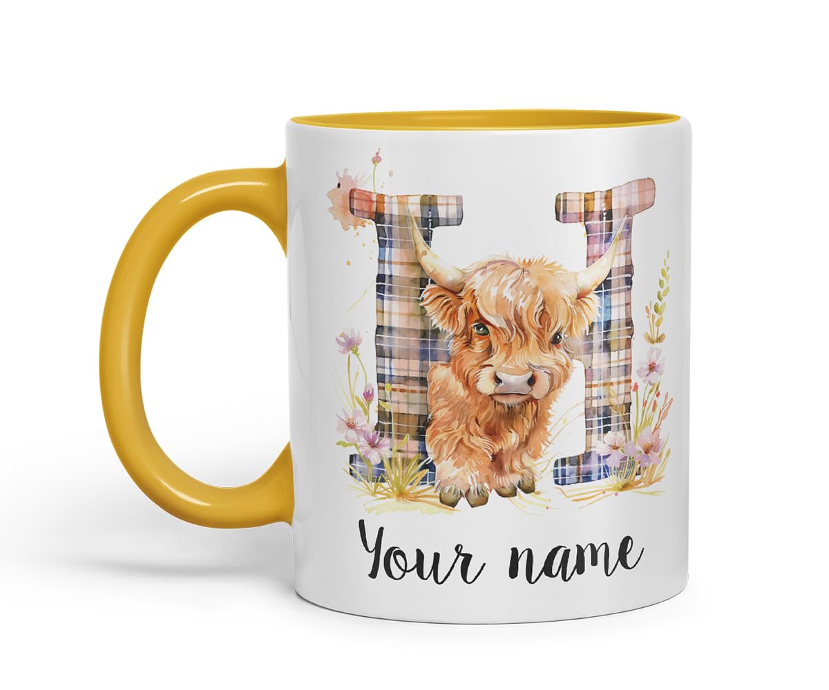 Vixar Personalised Highland Cow Initial Letter H Custom Name Mug – Coloured Ceramic Mug Cup Gift, 11oz (Black)