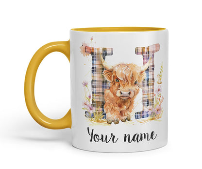 Vixar Personalised Highland Cow Initial Letter H Custom Name Mug – Coloured Ceramic Mug Cup Gift, 11oz (Black)