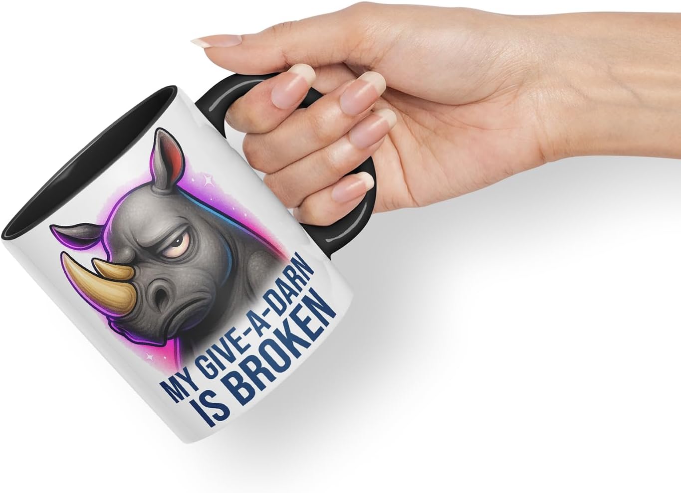 Vixar My Give-A-Darn is Broken Sarcastic Rhino – Coloured Ceramic Mug Cup Gift, 11oz (Black)