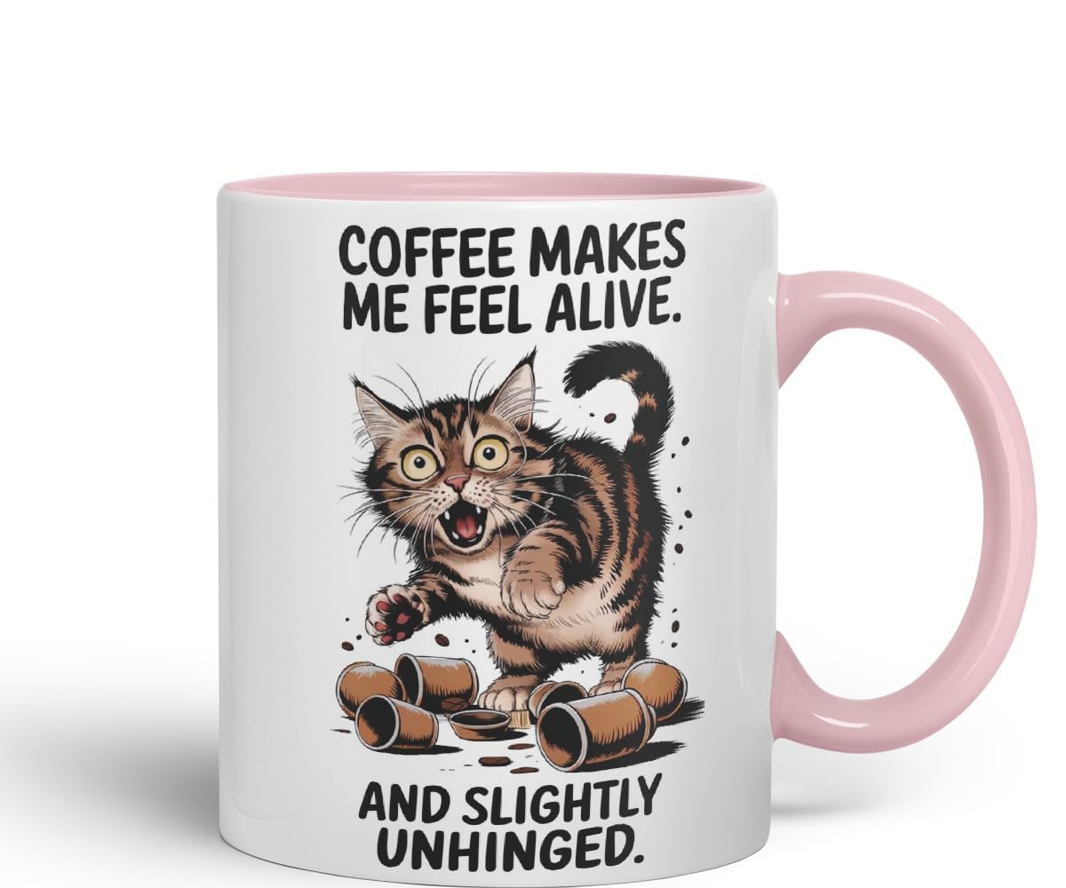 Vixar Coffee Makes Me Feel Alive and Slightly Unhinged Cat Mug – Coloured Ceramic Mug Cup Gift, 11oz (Black)