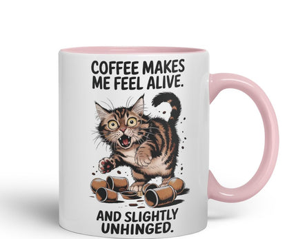 Vixar Coffee Makes Me Feel Alive and Slightly Unhinged Cat Mug – Coloured Ceramic Mug Cup Gift, 11oz (Black)