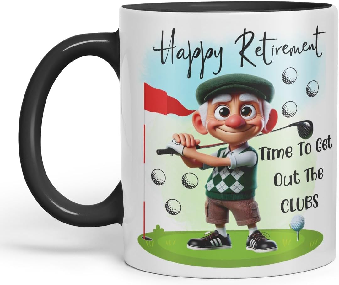 Vixar Happy Retirement Golf Mug – Time to Get Out The Clubs – Coloured Ceramic Mug Cup Gift, 11oz (Black)