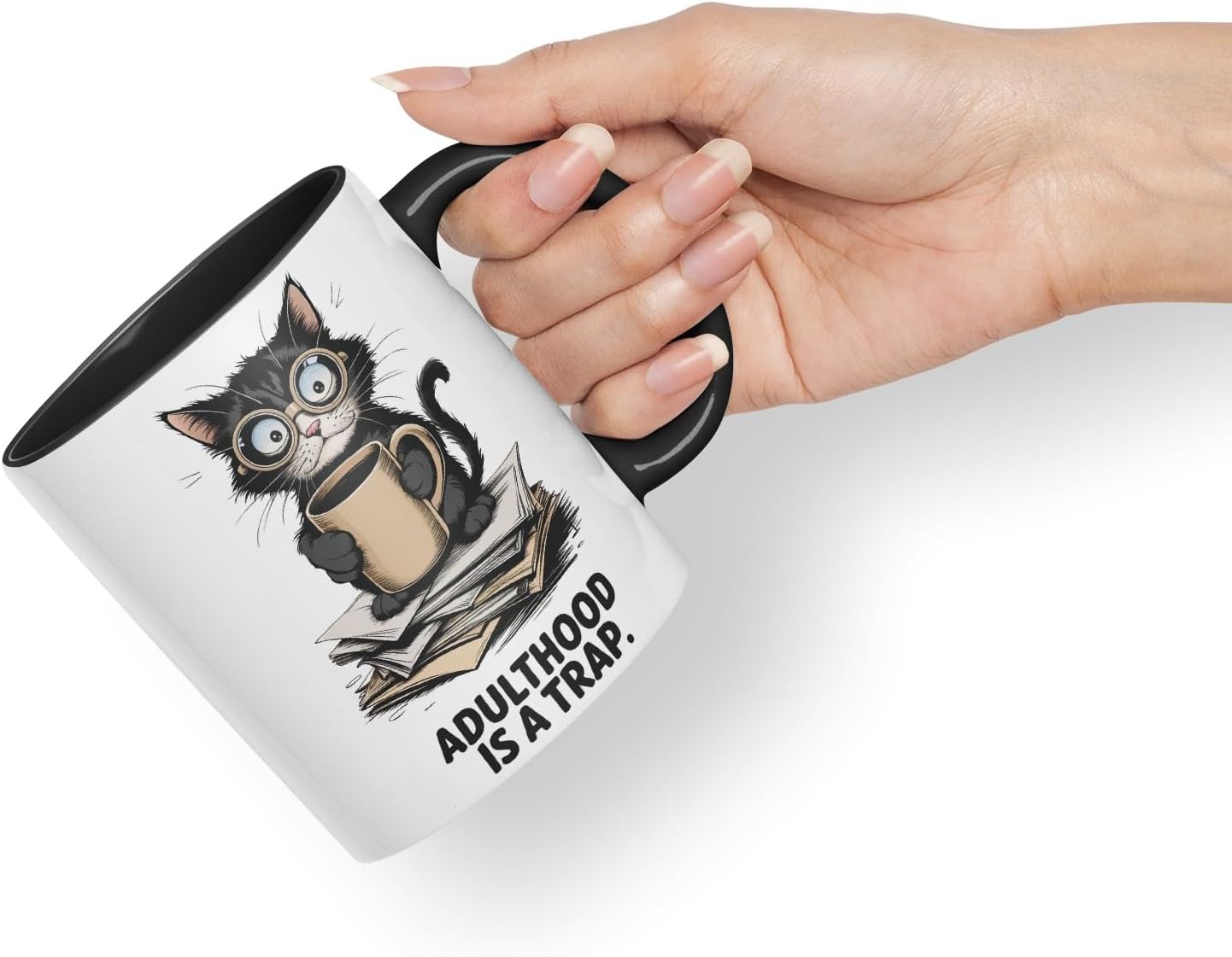 Vixar Adulthood is A Trap Cat Mug – Coloured Ceramic Mug Cup Gift, 11oz (Black)