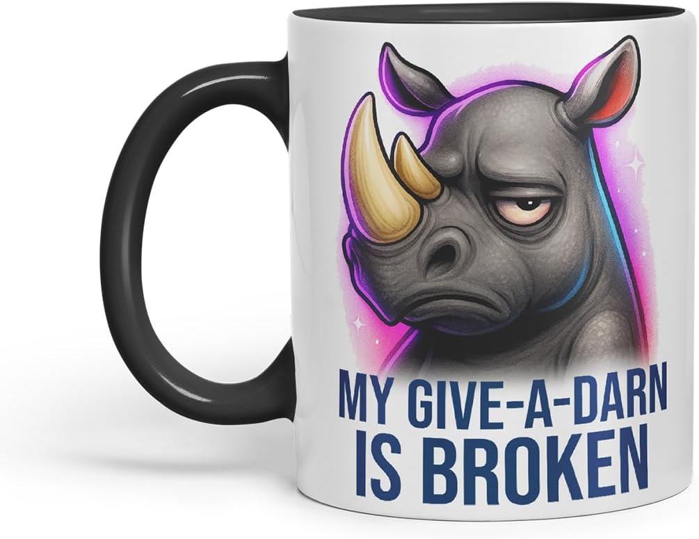 Vixar My Give-A-Darn is Broken Sarcastic Rhino – Coloured Ceramic Mug Cup Gift, 11oz (Black)