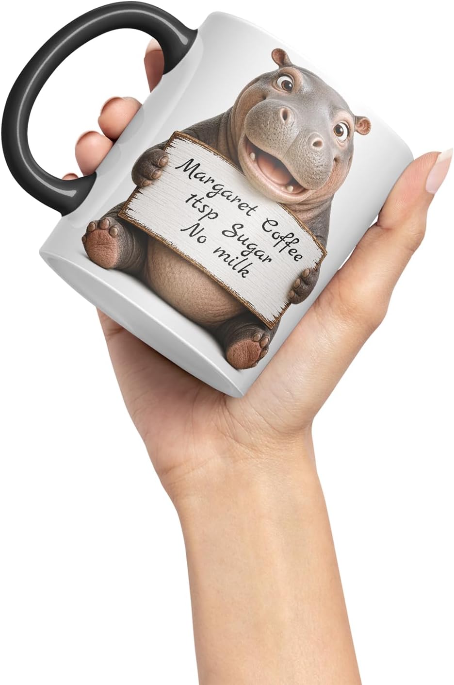 Vixar Personalised Hippo Mug with Name or Custom Message – Cute Animal Coloured Ceramic Mug Cup Gift, 11oz (Black)