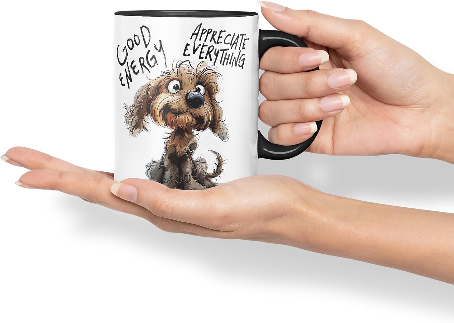 Vixar Good Energy Appreciate Everything Funny Dog – Coloured Ceramic Mug Cup Gift, 11oz (Black)