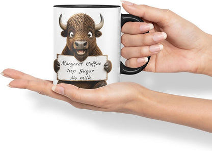 Vixar Personalised Bison Mug with Name or Custom Message – Cute Animal Coloured Ceramic Mug Cup Gift, 11oz (Black)