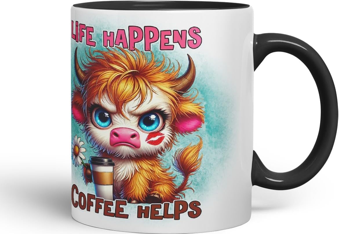Vixar Life Happens Coffee Helps Highland Cow Coloured Ceramic Mug Cup Gift for Coffee Lovers 11oz (Black)