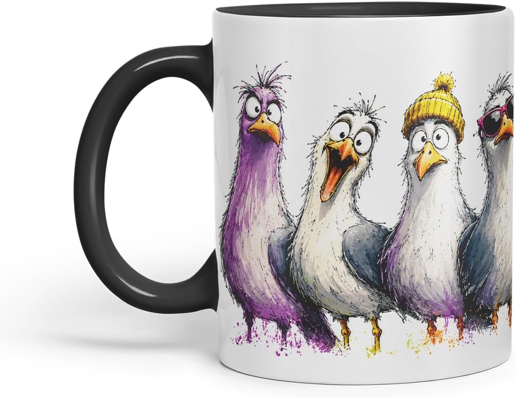 Seagulls Mug – Funny Sea Bird Coloured Ceramic Mug Cup Gift, 11oz (Black)