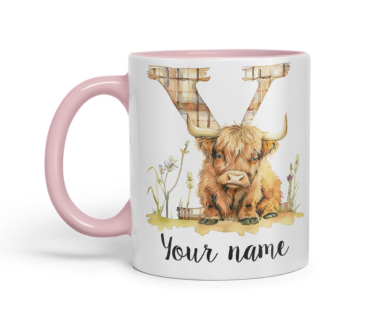 Vixar Personalised Highland Cow Initial Letter Y Custom Name Mug – Coloured Ceramic Mug Cup Gift, 11oz (Black)