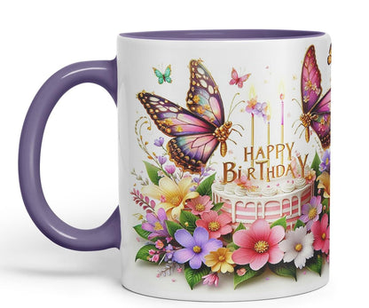 Vixar Happy Birthday Pink Cake Butterflies Coloured Ceramic Mug Cup Gift 11oz V10 (Black)