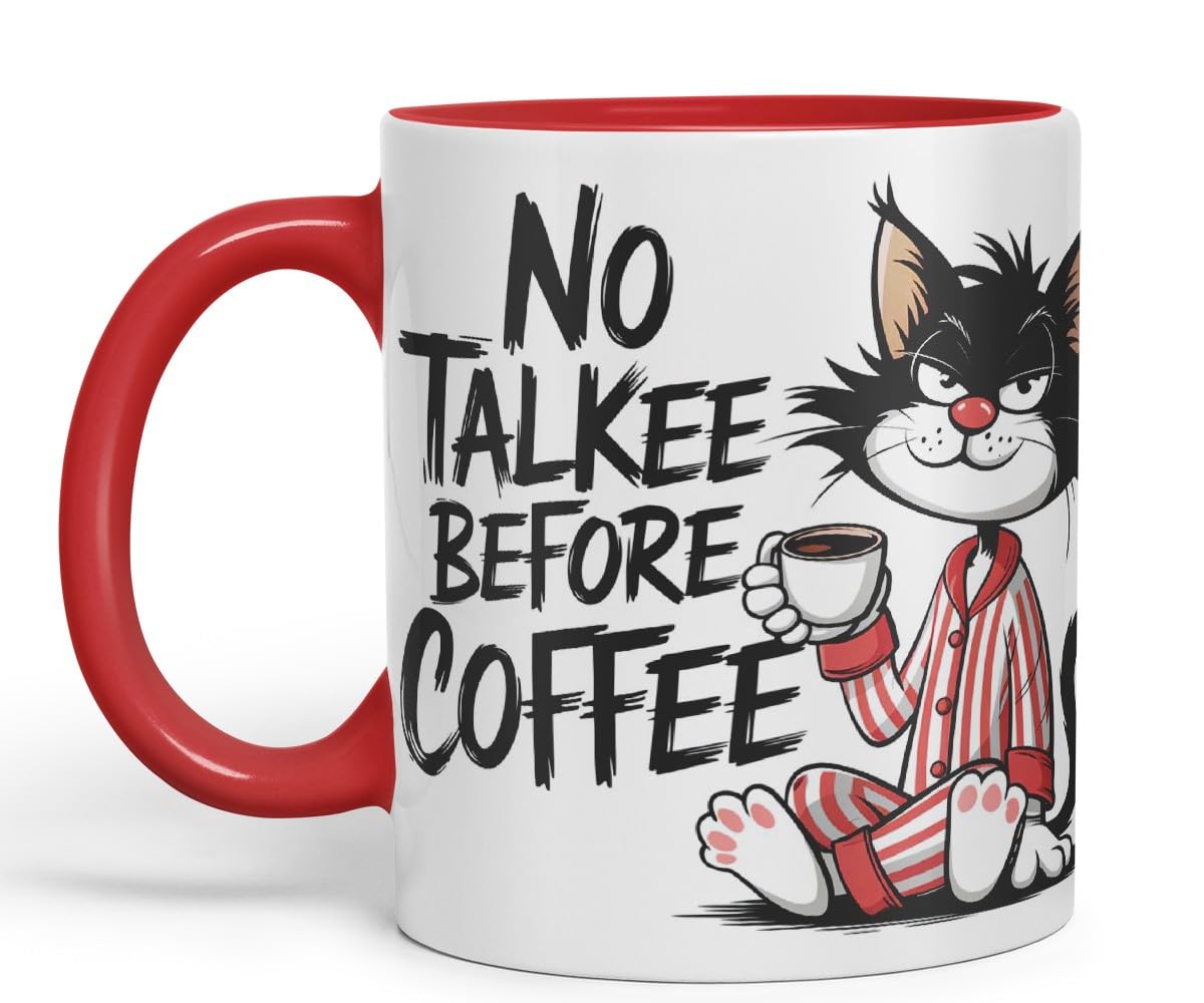 Vixar No Talkee Before Coffee Sarcastic cat Coloured Ceramic Mug Cup Gift, 11oz (Black)