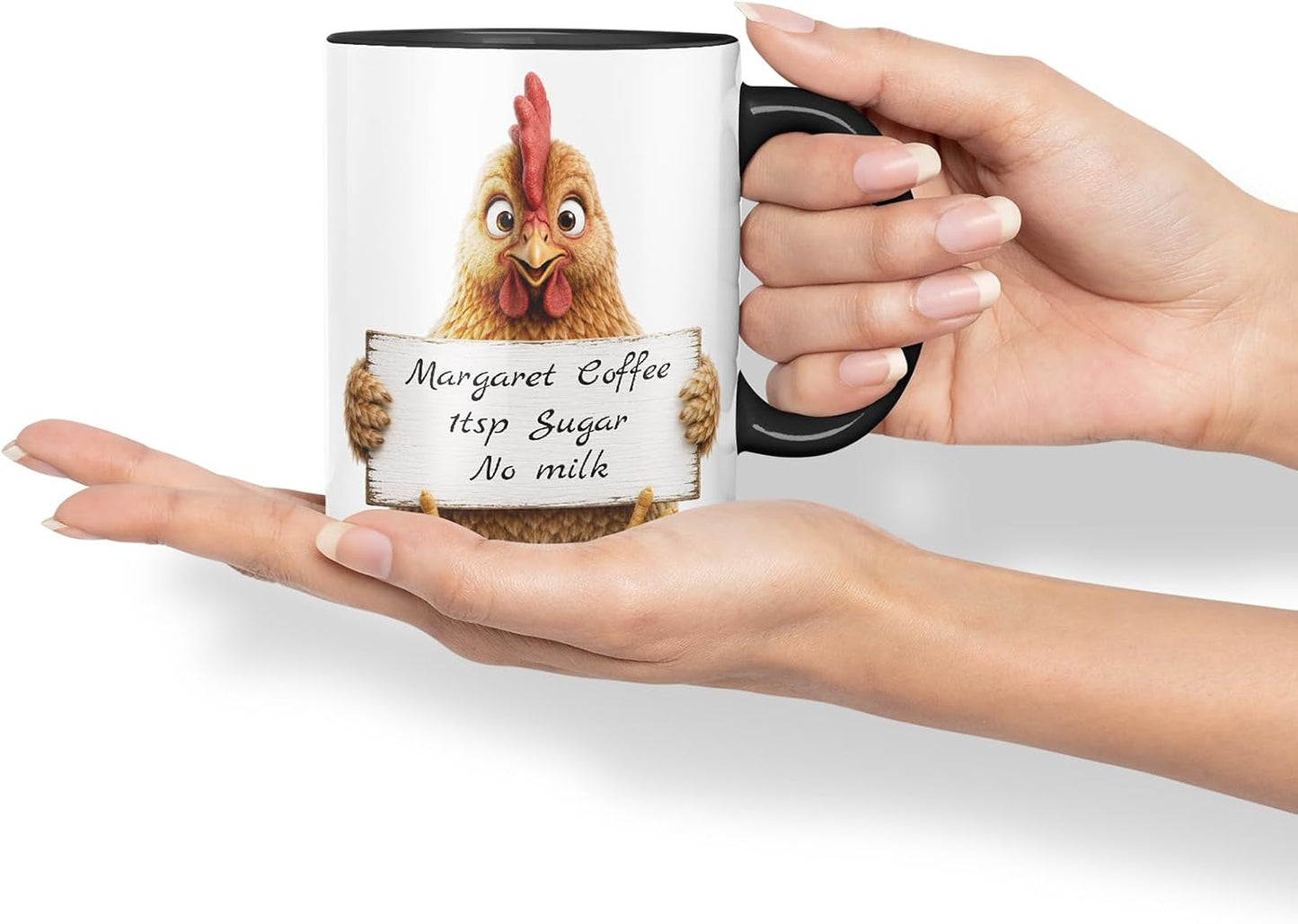 Vixar Personalised Hen Mug with Name or Custom Message – Cute Animal Coloured Ceramic Mug Cup Gift, 11oz (Black)