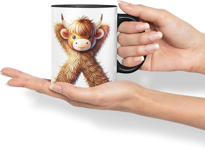 Highland Cow Alphabet Monogram Coloured Ceramic Cup Mug Letter X Rustic Farmhouse Animal Letter Gift V2 11oz (Black)