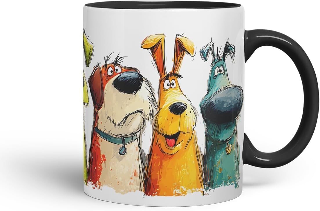 Vixar Funny Colourful Pet Dog Friends Design – Cute Dog Character Mug for Dog Lovers, Coloured Mug Cup Gift, 11oz (Black)