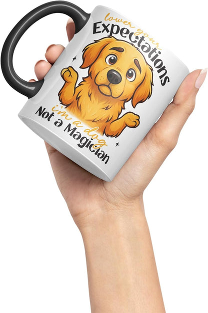 Vixar Lower Your Expectations I'm A Dog, Not A Magician Golden Retriever Dog Mug – Coloured Ceramic Mug Cup Gift, 11oz (Black)
