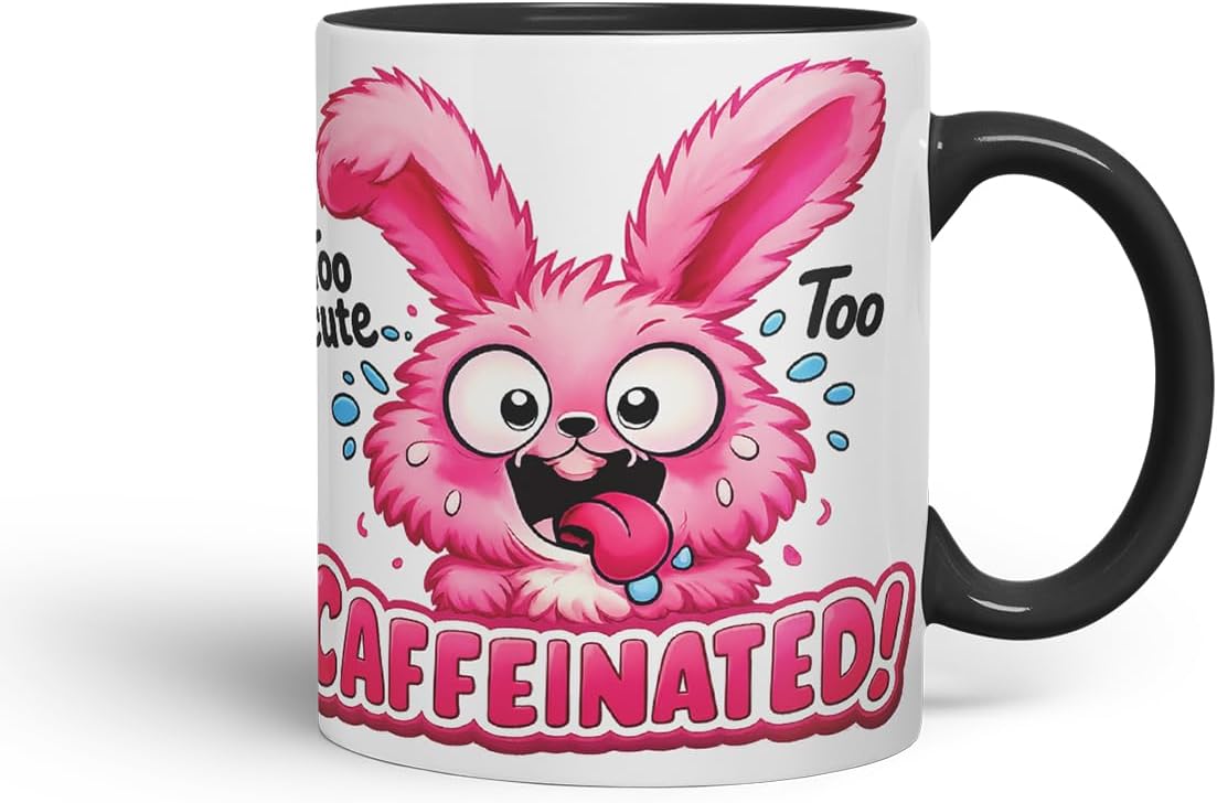 Vixar Too Cute Too Caffeinated Funny Bunny Mug – Coloured Ceramic Mug Cup Gift, 11oz (Black)