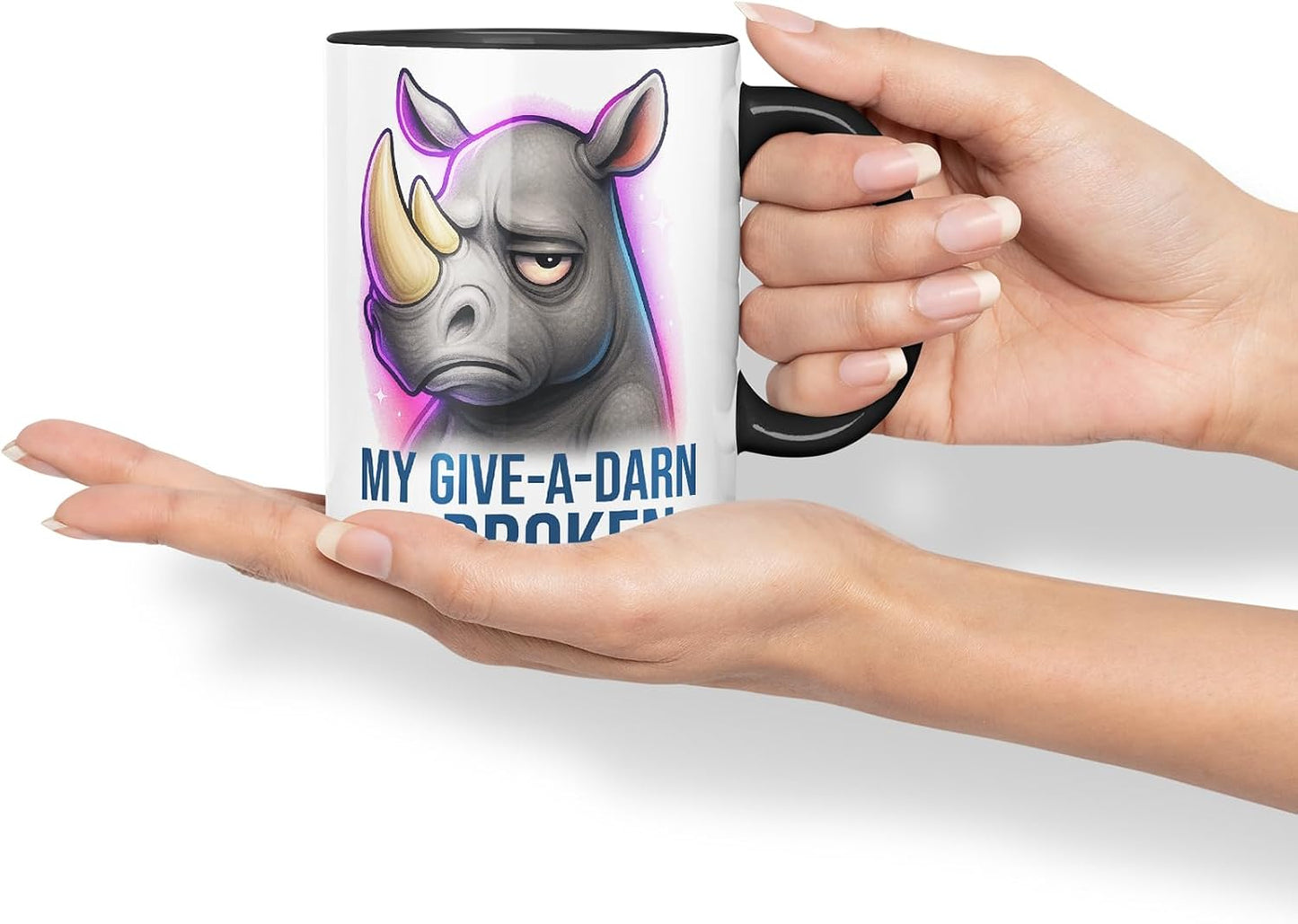 Vixar My Give-A-Darn is Broken Sarcastic Rhino – Coloured Ceramic Mug Cup Gift, 11oz (Black)