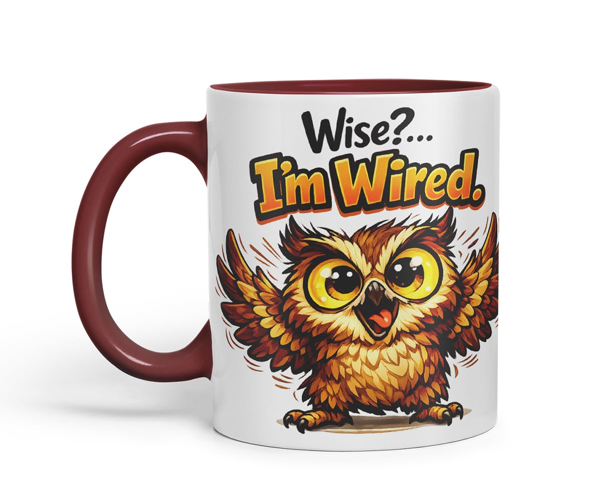 Vixar Wise I'm Wired Funny Owl Mug – Coloured Ceramic Mug Cup Gift, 11oz (Black)