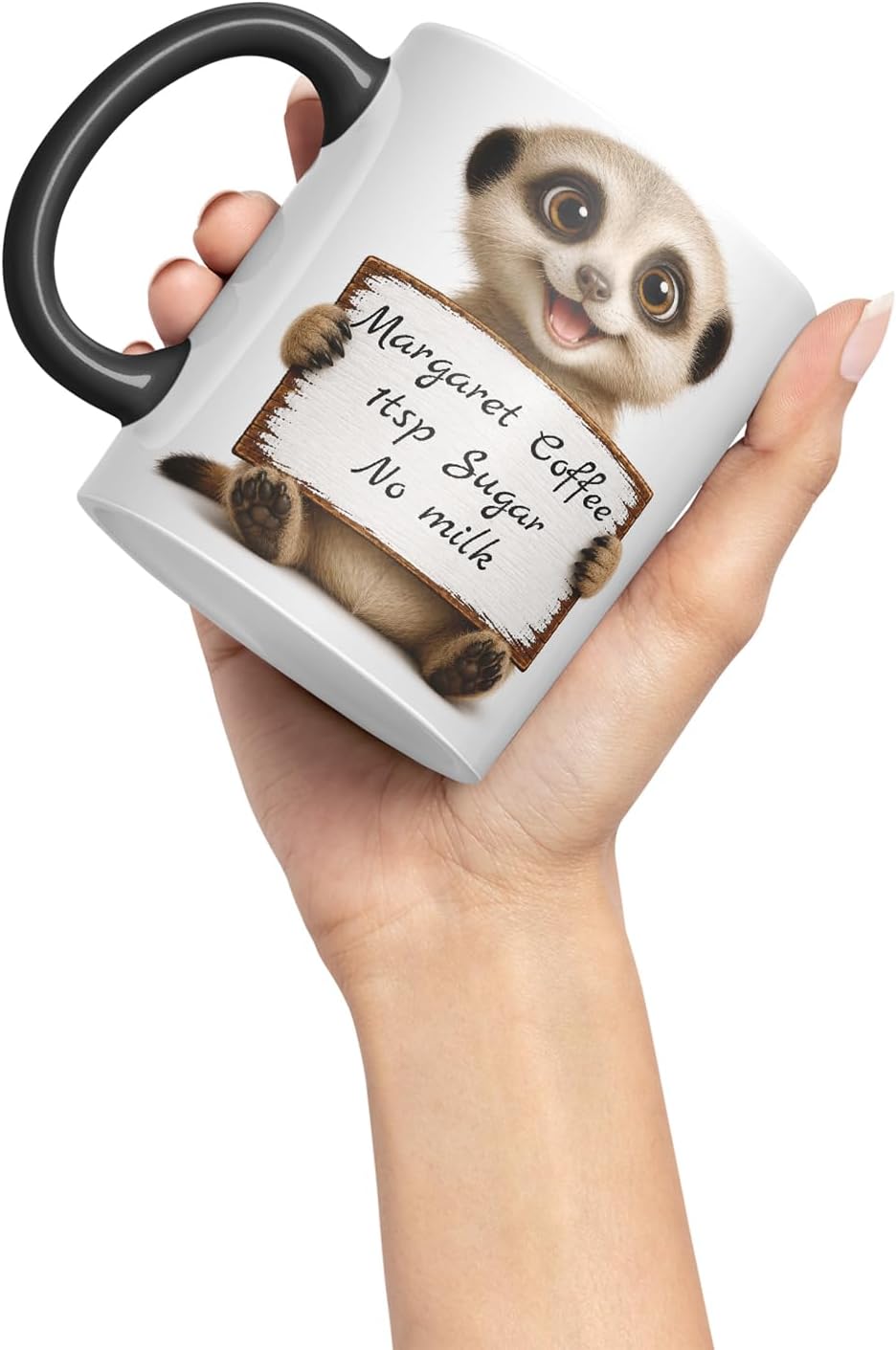Vixar Personalised Meerkat Mug with Name or Custom Message – Cute Animal Coloured Ceramic Mug Cup Gift, 11oz (Black)