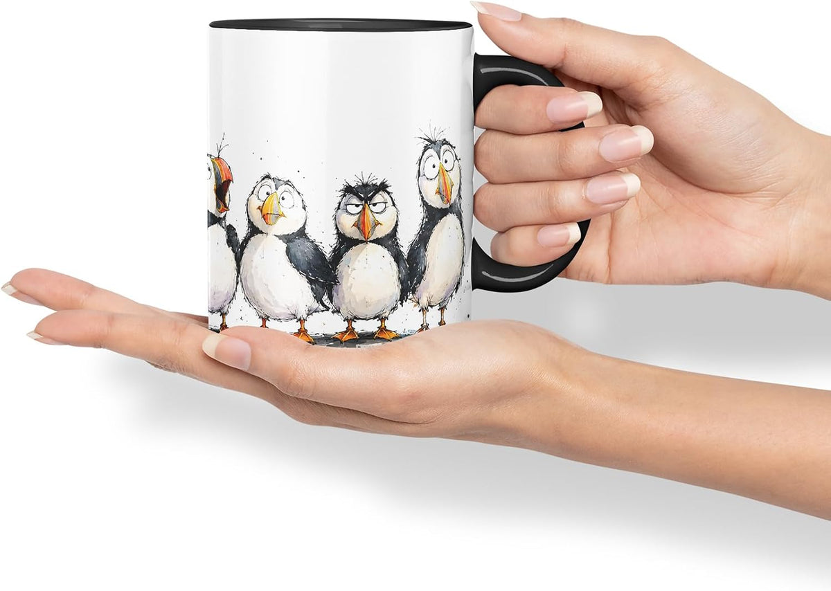 Vixar Puffin Bird Mug – Cute Puffin Bird Coloured Ceramic Mug Cup Gift, 11oz (Black)