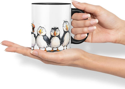Vixar Puffin Bird Mug – Cute Puffin Bird Coloured Ceramic Mug Cup Gift, 11oz (Black)