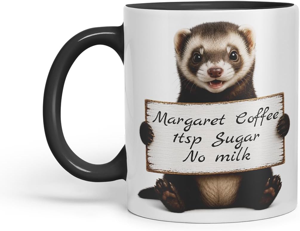 Vixar Personalised Ferret Mug with Name or Custom Message – Cute Animal Coloured Ceramic Mug Cup Gift, 11oz (Black)
