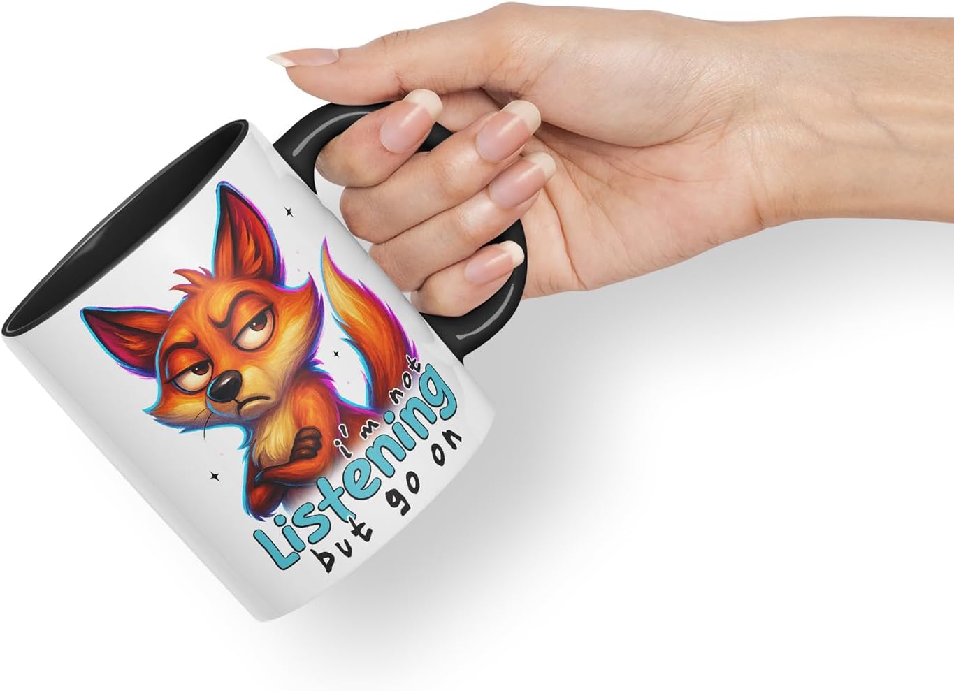 Vixar I'm Not Listening But Go On Sarcastic Fox – Coloured Ceramic Mug Cup Gift, 11oz (Black)