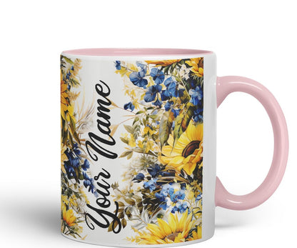 Vixar Personalised Sunflower Mug – Custom Your Name Coloured Ceramic Mug Cup Gift, 11oz (Gold Yellow)