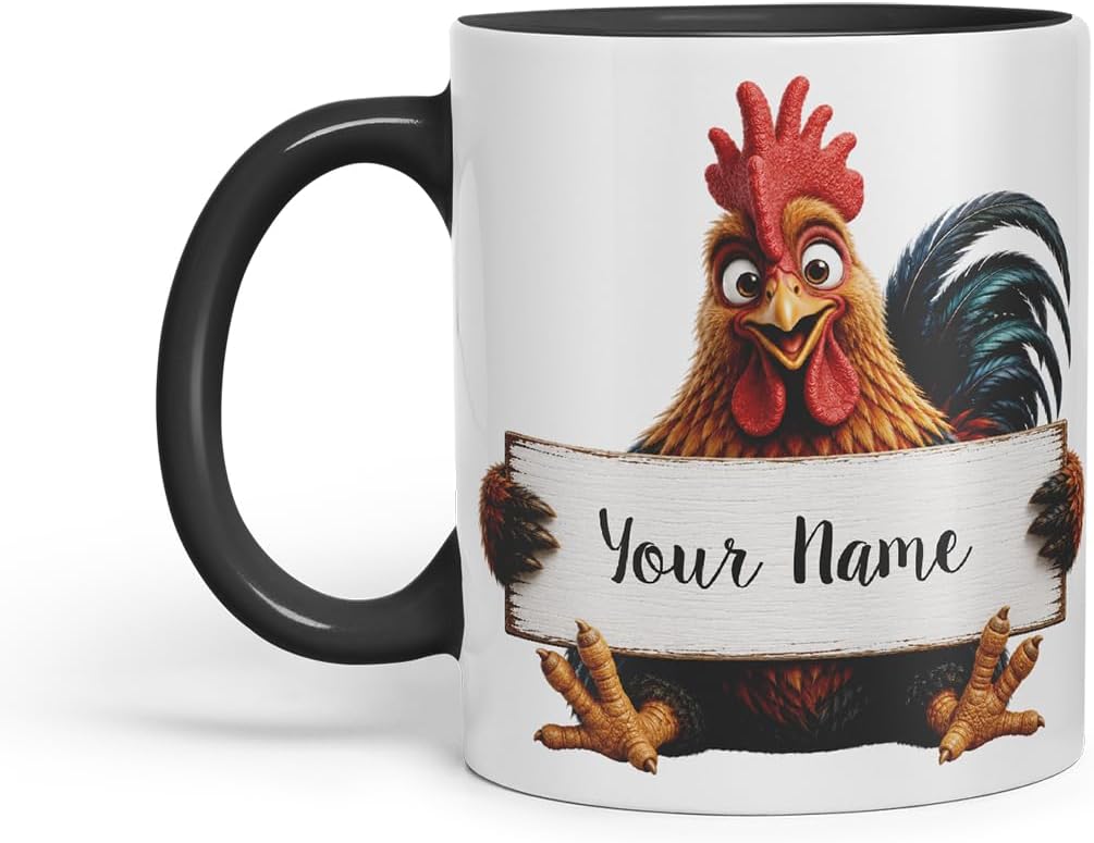 Vixar Personalised Cockerel Mug with Name or Custom Message – Cute Animal Coloured Ceramic Mug Cup Gift, 11oz (Black)