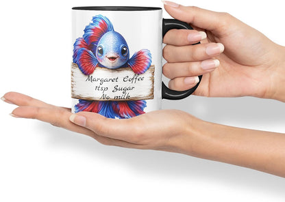 Vixar Personalised Betta Fish Mug with Name or Custom Message – Cute Animal Coloured Ceramic Mug Cup Gift, 11oz (Black)