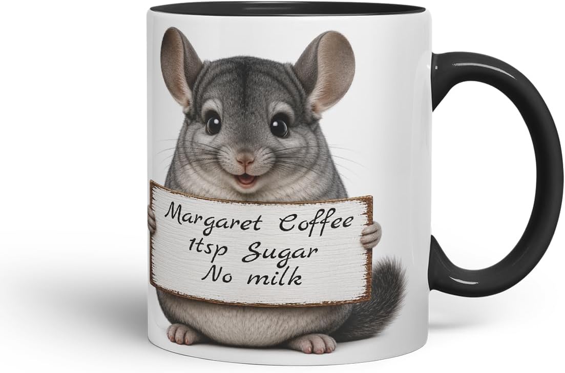 Vixar Personalised Chinchilla Mug with Name or Custom Message – Cute Animal Coloured Ceramic Mug Cup Gift, 11oz (Black)