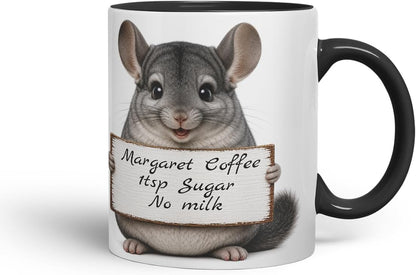 Vixar Personalised Chinchilla Mug with Name or Custom Message – Cute Animal Coloured Ceramic Mug Cup Gift, 11oz (Black)