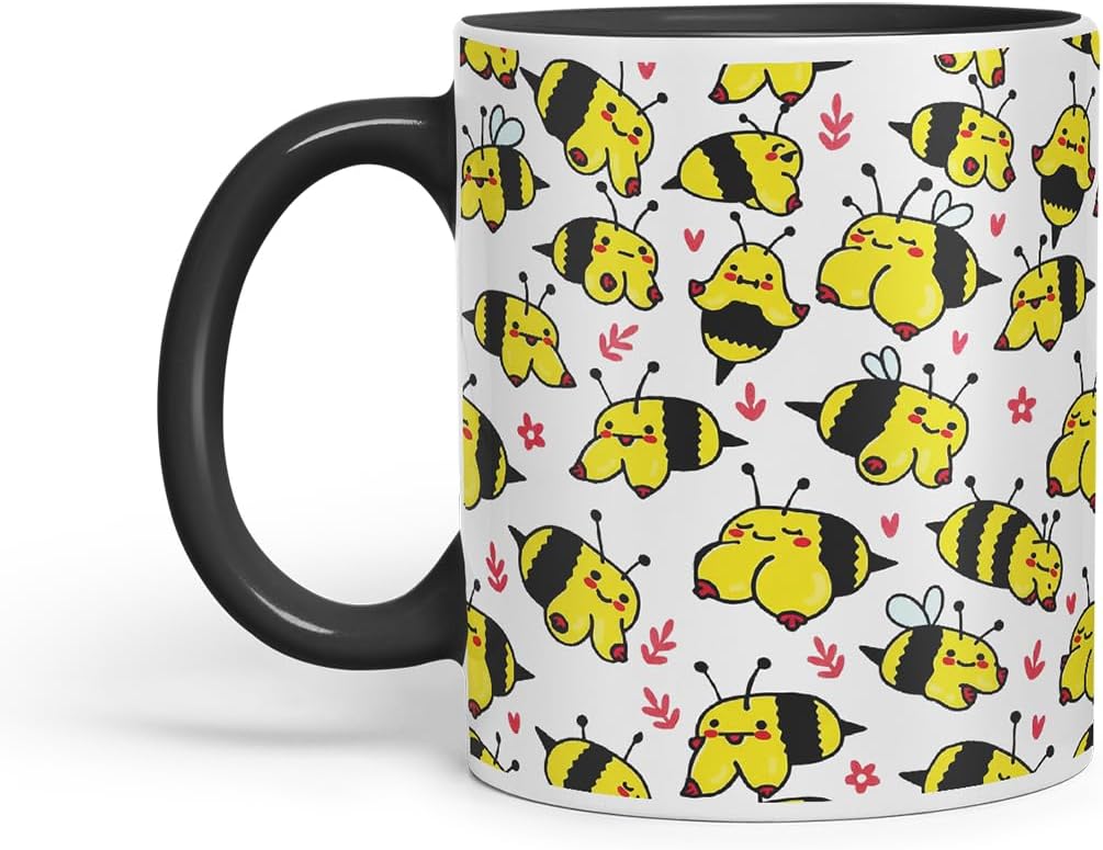 Vixar Cute Bee Breasts, Tits, Pattern Mug – Coloured Ceramic Mug Cup Gift, 11oz (Black)