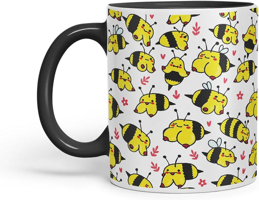 Vixar Cute Bee Breasts, Tits, Pattern Mug – Coloured Ceramic Mug Cup Gift, 11oz (Black)