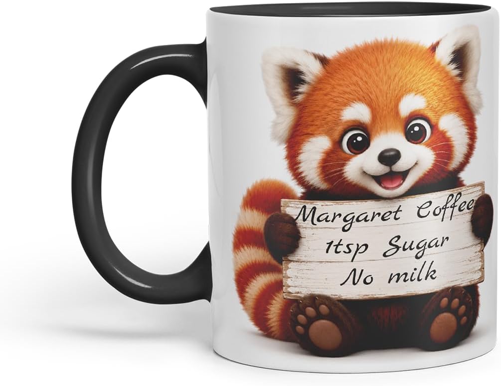Vixar Personalised Red Panda Mug with Name or Custom Message – Cute Animal Coloured Ceramic Mug Cup Gift, 11oz (Black)