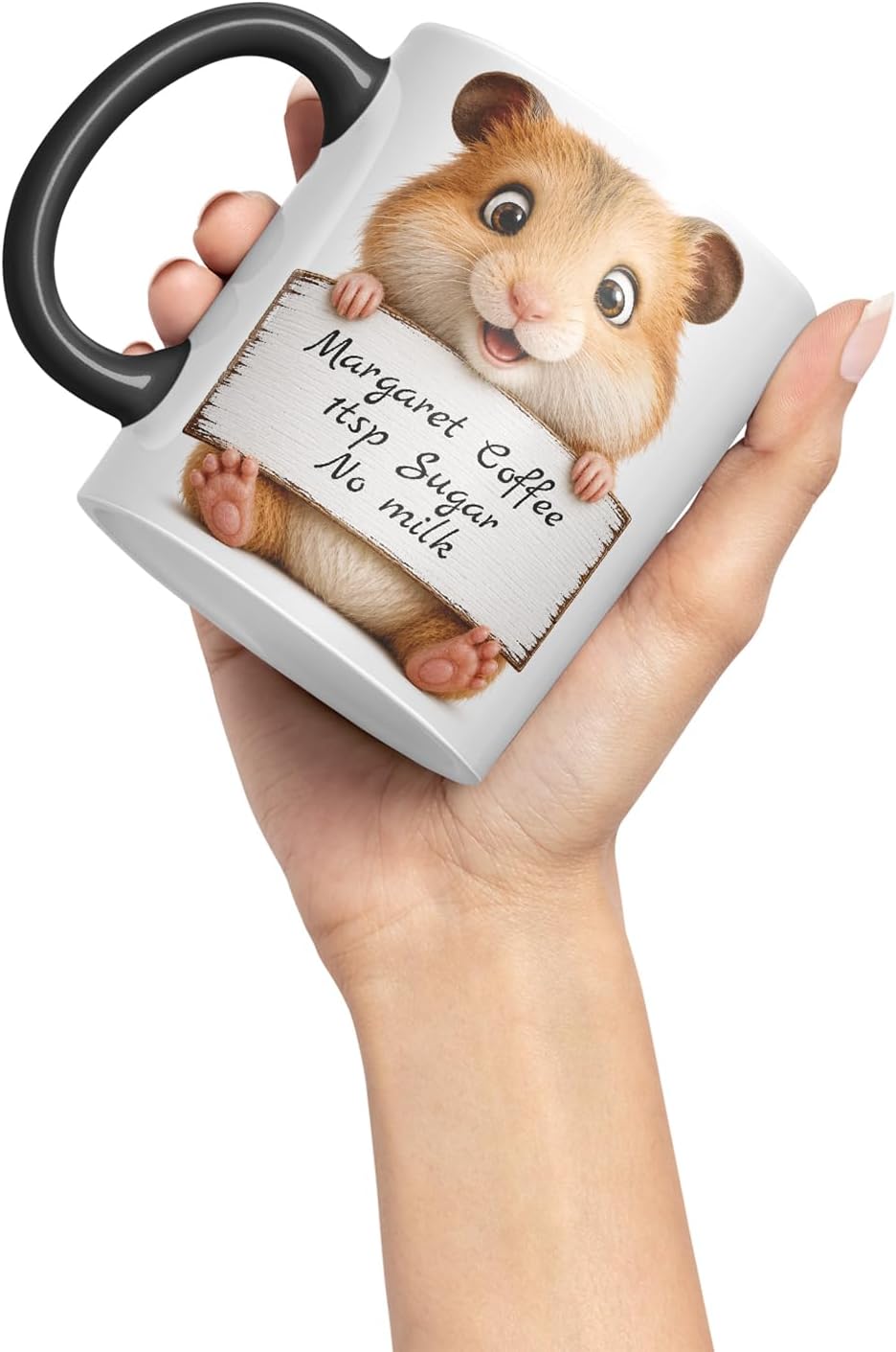 Vixar Personalised Hamster Mug with Name or Custom Message – Cute Animal Coloured Ceramic Mug Cup Gift, 11oz (Black)