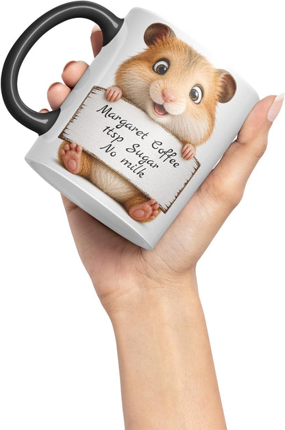 Vixar Personalised Hamster Mug with Name or Custom Message – Cute Animal Coloured Ceramic Mug Cup Gift, 11oz (Black)
