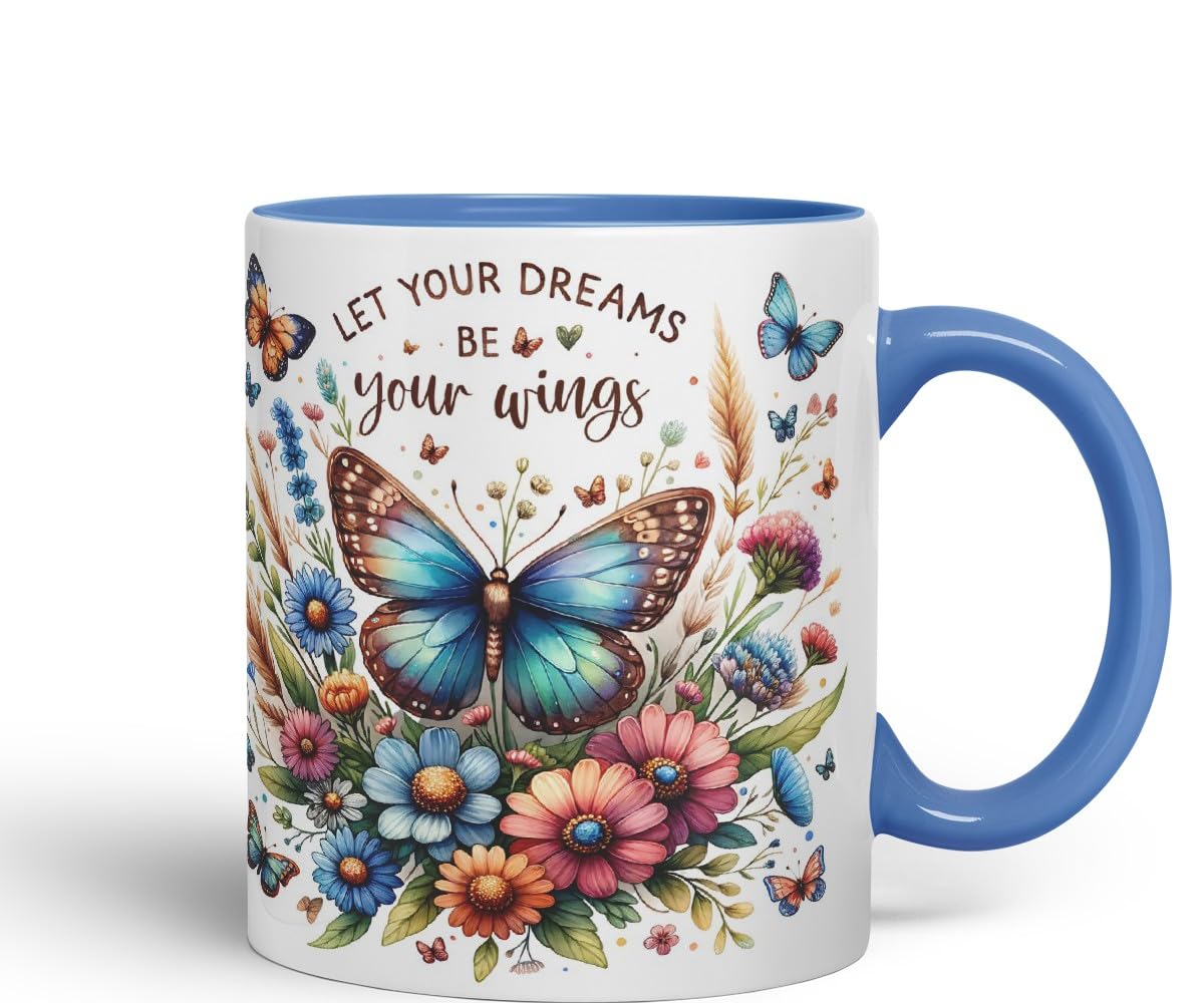 Vixar Let Your Dreams Be Your Wings Butterfly Coloured Mug Cup Floral Inspirational Gift 11oz (Black)