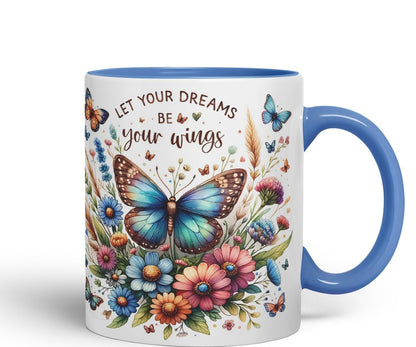Vixar Let Your Dreams Be Your Wings Butterfly Coloured Mug Cup Floral Inspirational Gift 11oz (Black)