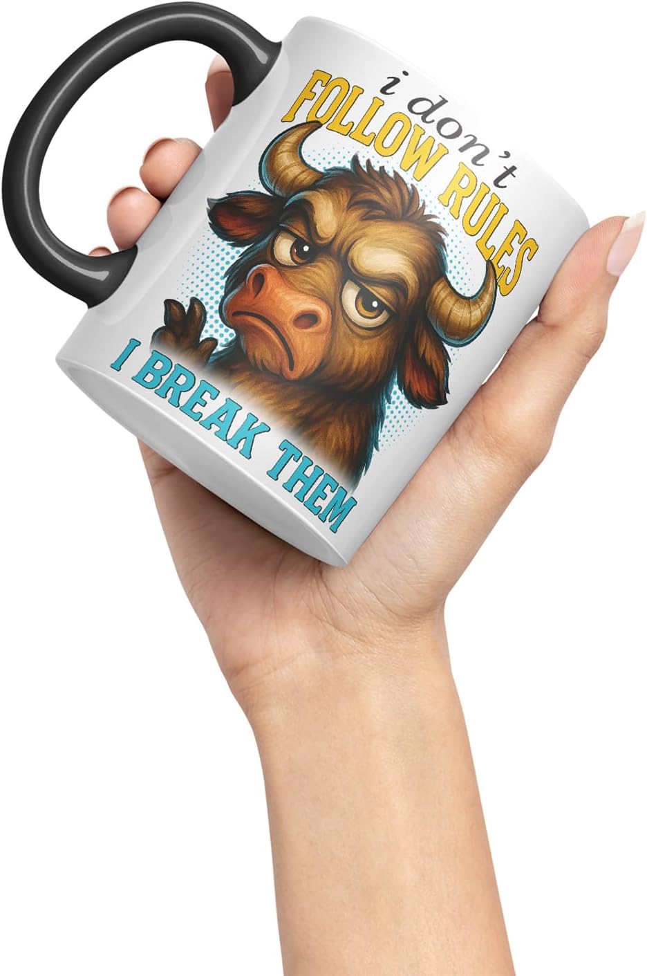 Vixar I Don't Follow Rules I Break Them Funny Bull Mug – Coloured Ceramic Mug Cup Gift, 11oz (Black)