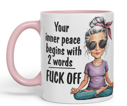 Vixar Your Inner Peace Begins with 2 Words – F*ck Off – Coloured Ceramic Mug Cup Gift, 11oz (Black)