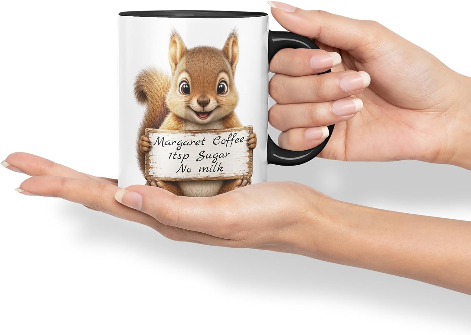 Vixar Personalised Squirrel Mug with Name or Custom Message – Cute Animal Coloured Ceramic Mug Cup Gift, 11oz (Black)