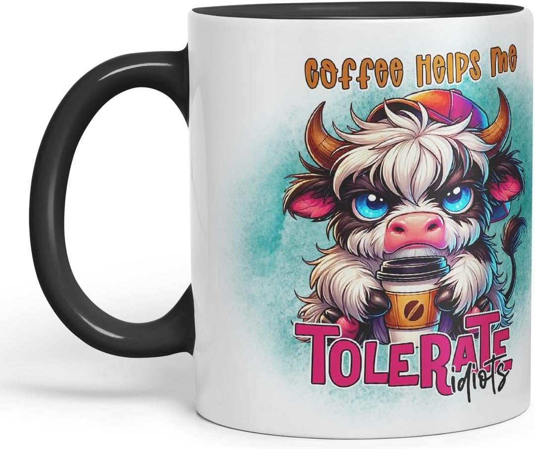 Vixar Coffee Helps Me Tolerate Idiots Highland Cow Coloured Ceramic Mug Cup Gift for Coffee Lovers 11oz (Black)