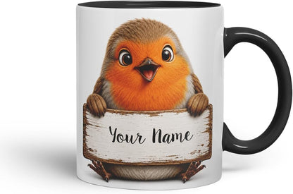 Vixar Personalised Robin Mug with Name or Custom Message – Cute Animal Coloured Ceramic Mug Cup Gift, 11oz (Black)